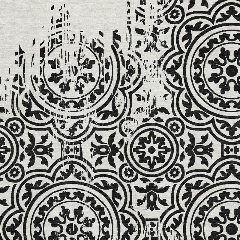 8' X 10' Black And Ivory Medallion Washable Area Rug With UV Protection