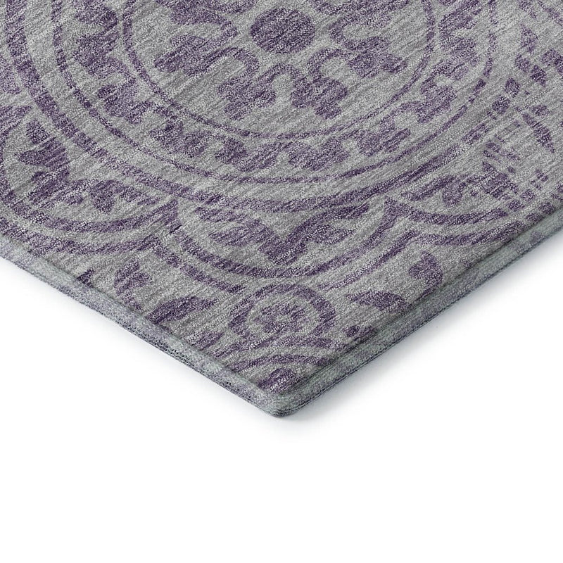8' Lavender And Ivory Medallion Washable Round Rug With UV Protection