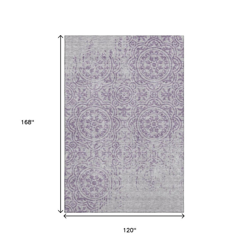 10' X 14' Lavender And Ivory Medallion Washable Area Rug With UV Protection