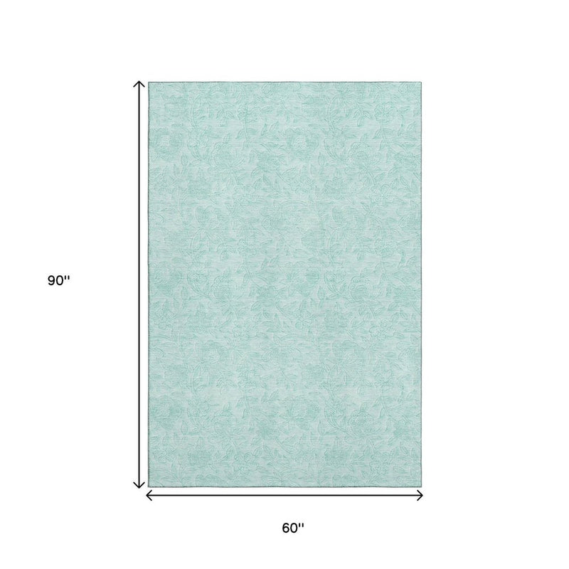 5' X 8' Teal And Ivory Floral Washable Area Rug With UV Protection