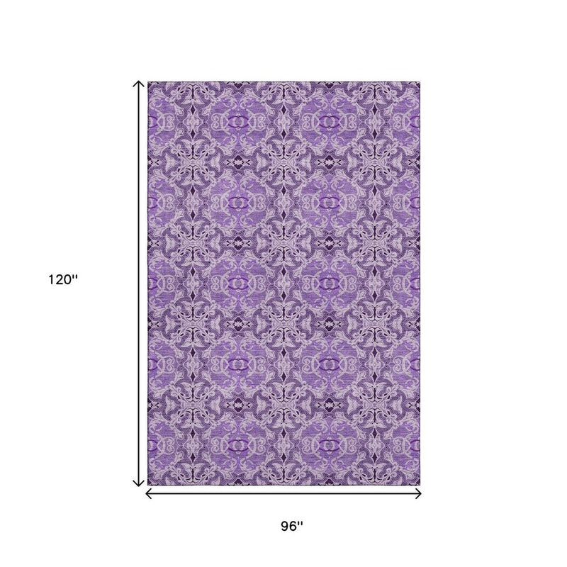 8' X 10' Purple And Ivory Medallion Washable Area Rug With UV Protection