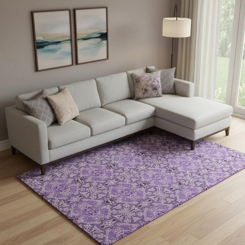 8' X 10' Purple And Ivory Medallion Washable Area Rug With UV Protection