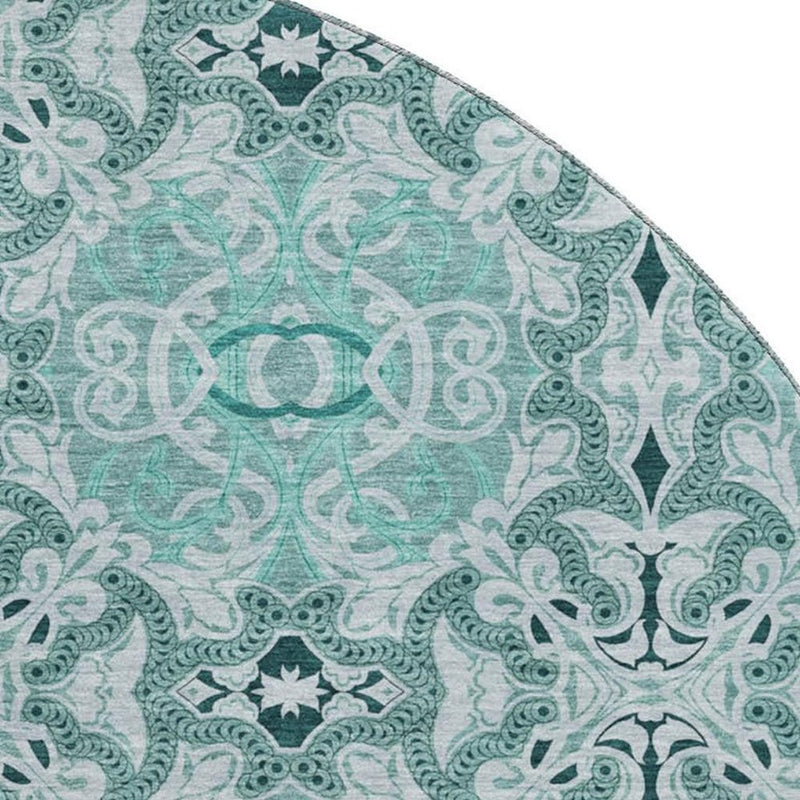 8' Teal And Ivory Medallion Washable Round Rug With UV Protection