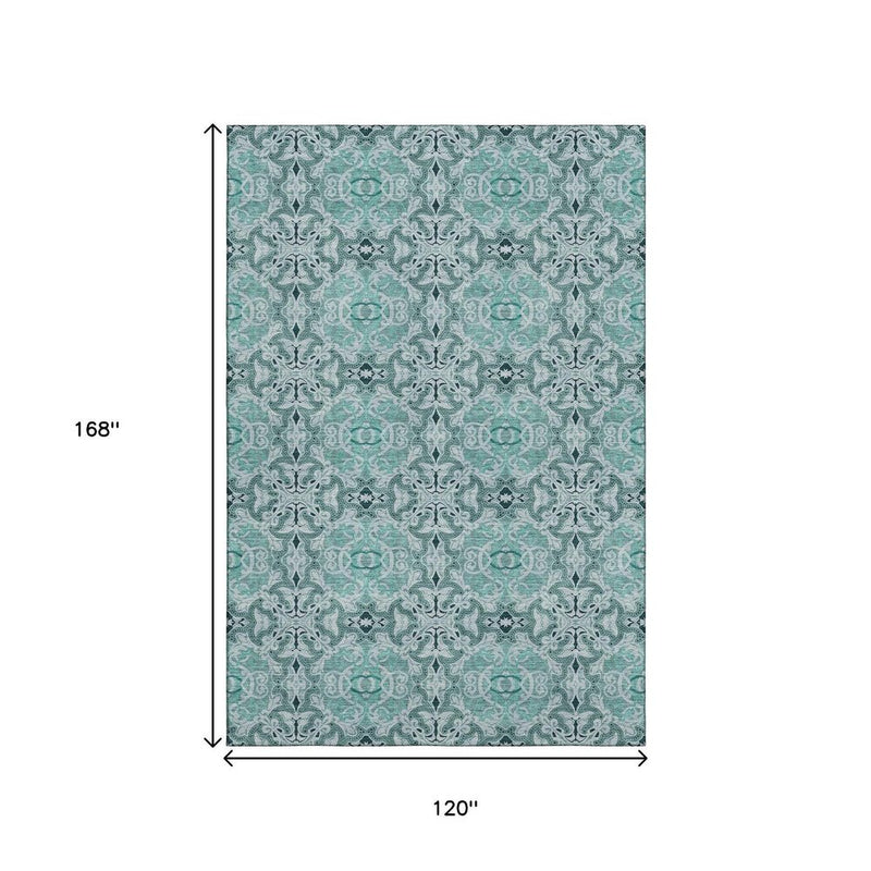 10' X 14' Teal And Ivory Medallion Washable Area Rug With UV Protection
