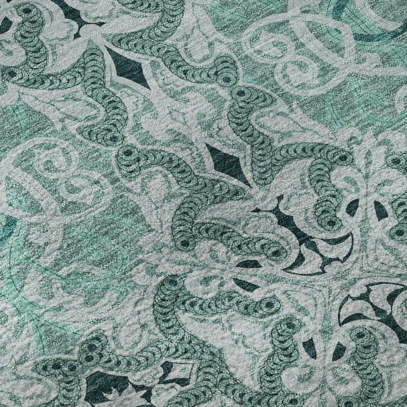 10' X 14' Teal And Ivory Medallion Washable Area Rug With UV Protection