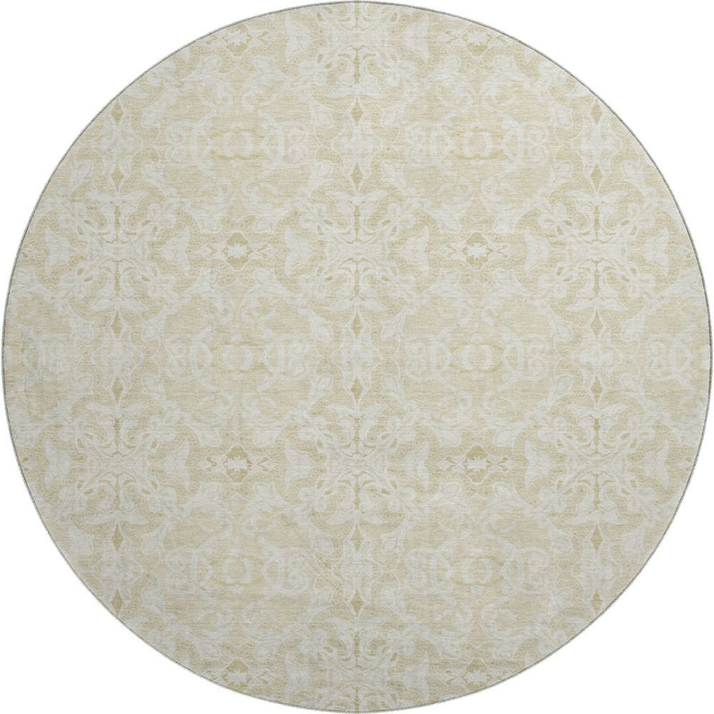 8' Tan And Beige Medallion Washable Round Rug With UV Protection