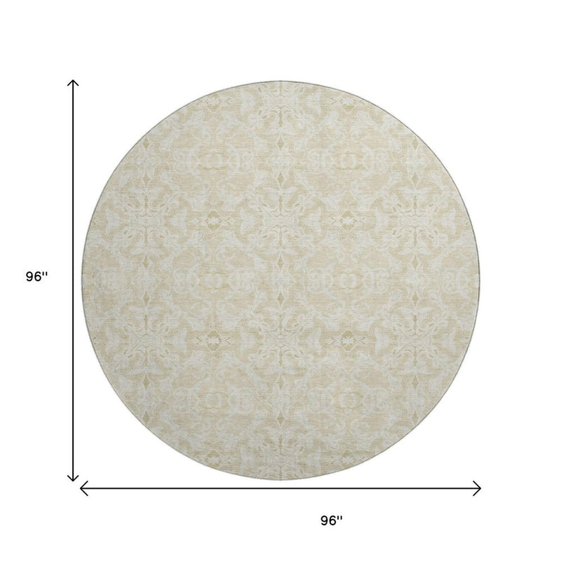 8' Tan And Beige Medallion Washable Round Rug With UV Protection
