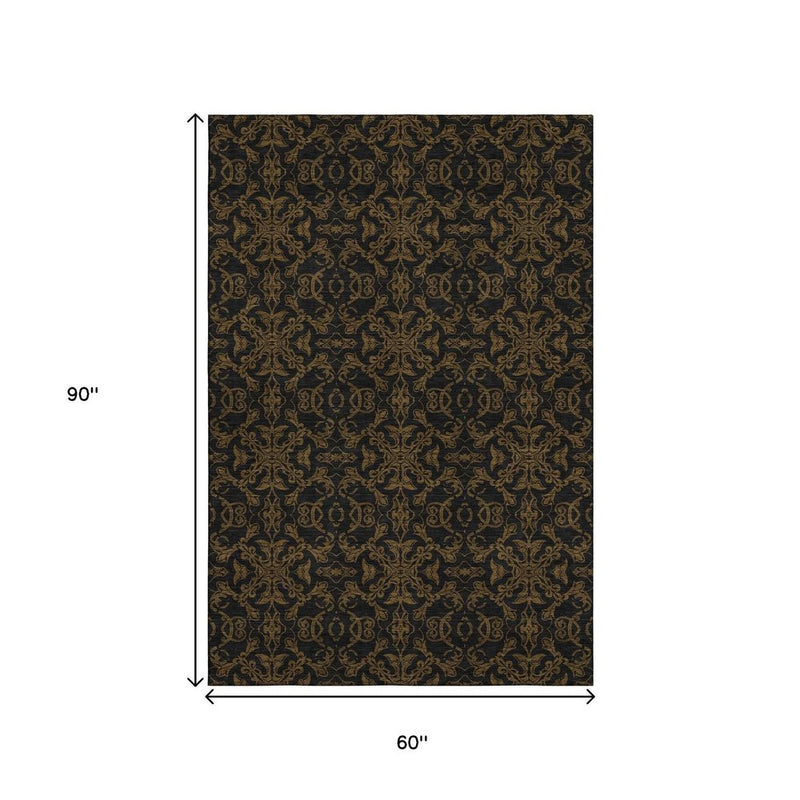 5' X 8' Brown And Charcoal Medallion Washable Area Rug With UV Protection