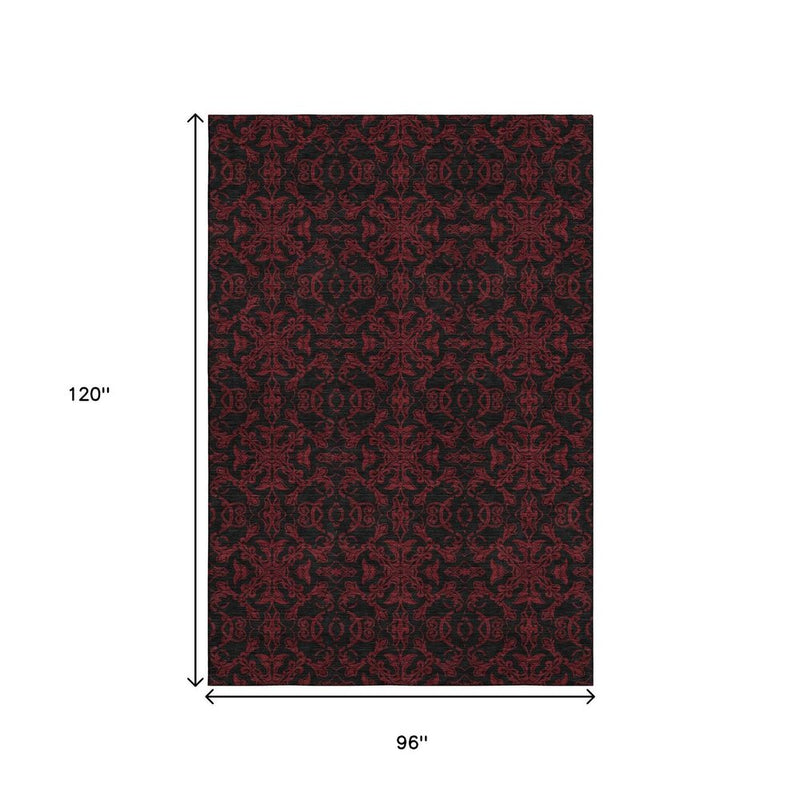 8' X 10' Red And Black Medallion Washable Area Rug With UV Protection