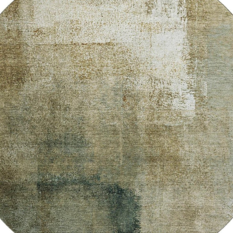 8' Brown Beige And Ivory Abstract Washable Round Rug With UV Protection