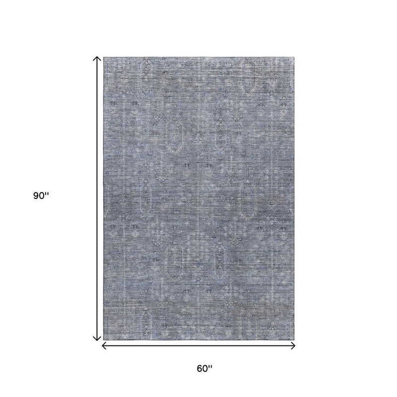 5' X 8' Blue And Gray Southwestern Washable Area Rug With UV Protection