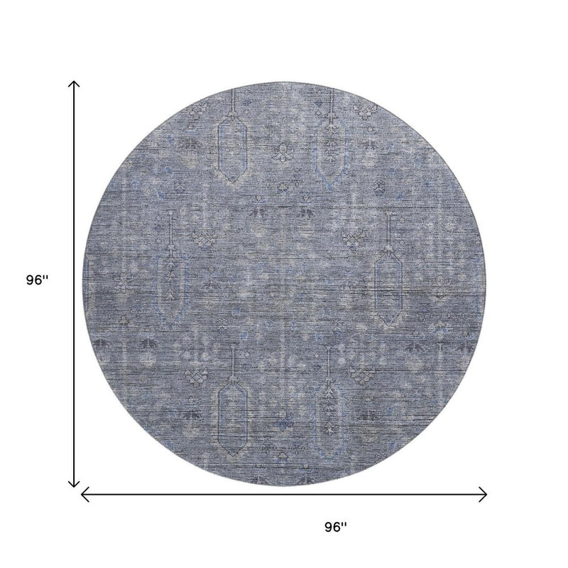 8' Blue And Gray Southwestern Washable Round Rug With UV Protection