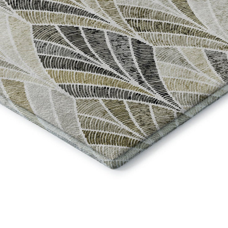 8' Taupe And Ivory Geometric Washable Round Rug With UV Protection