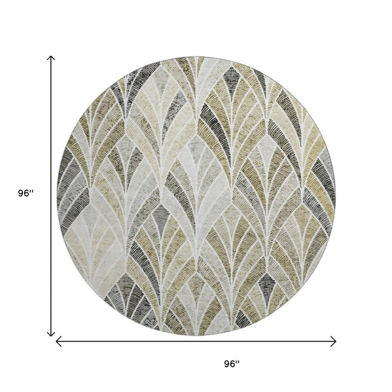 8' Taupe And Ivory Geometric Washable Round Rug With UV Protection