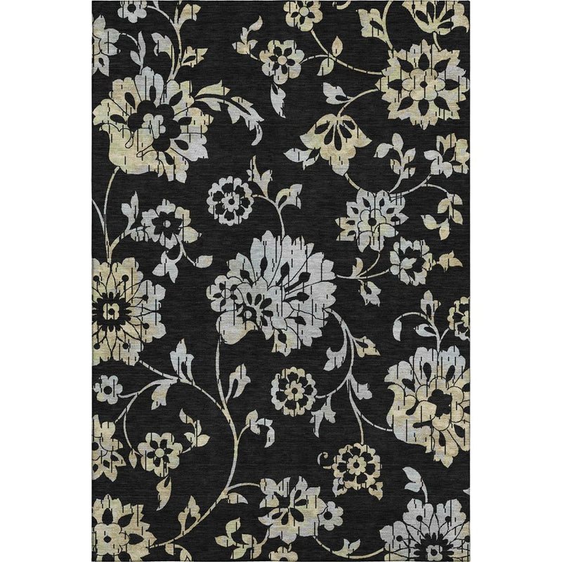9' X 12' Black Silver And Beige Floral Washable Area Rug With UV Protection