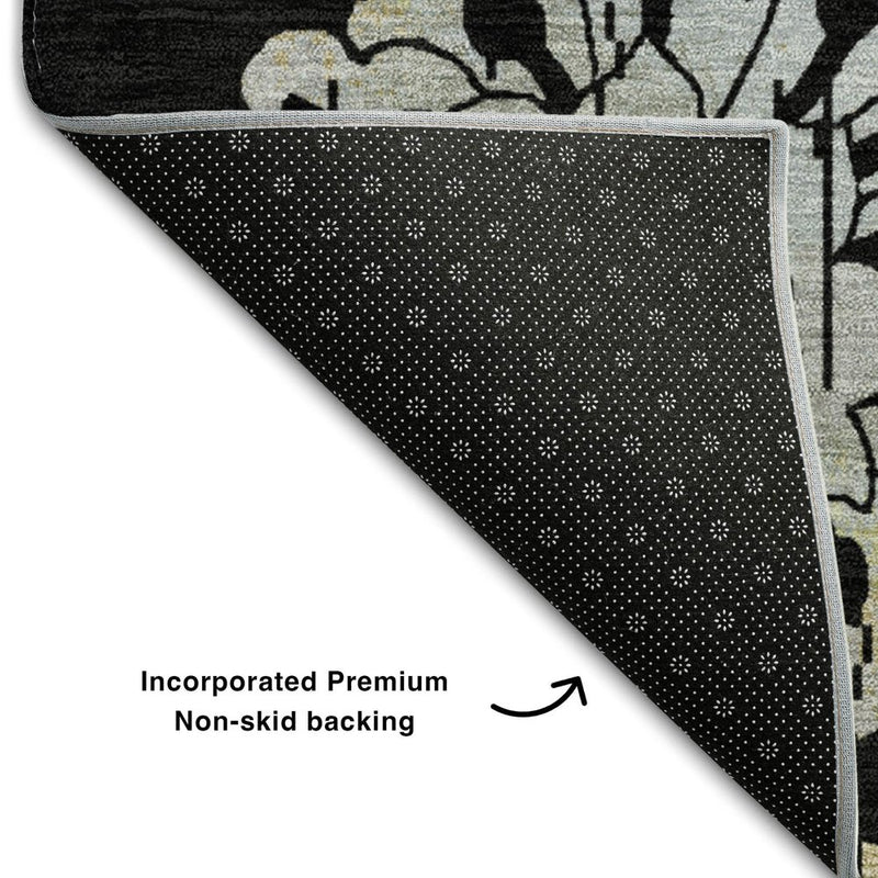 9' X 12' Black Silver And Beige Floral Washable Area Rug With UV Protection
