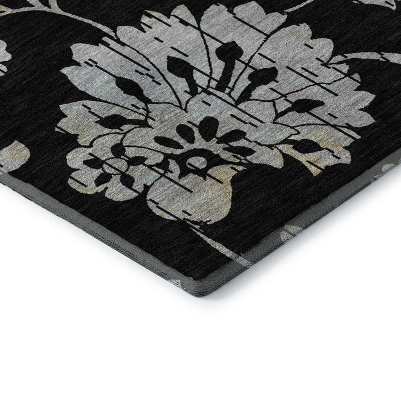 9' X 12' Black Silver And Beige Floral Washable Area Rug With UV Protection