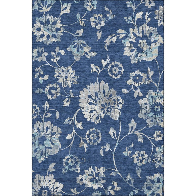 8' X 10' Navy Blue And Silver Floral Washable Area Rug With UV Protection