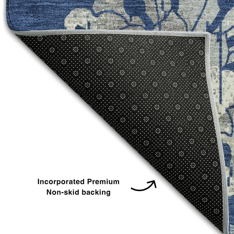 9' X 12' Navy Blue And Silver Floral Washable Area Rug With UV Protection