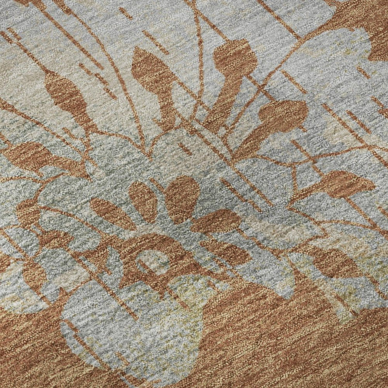 8' Rust And Gray Floral Washable Round Rug With UV Protection