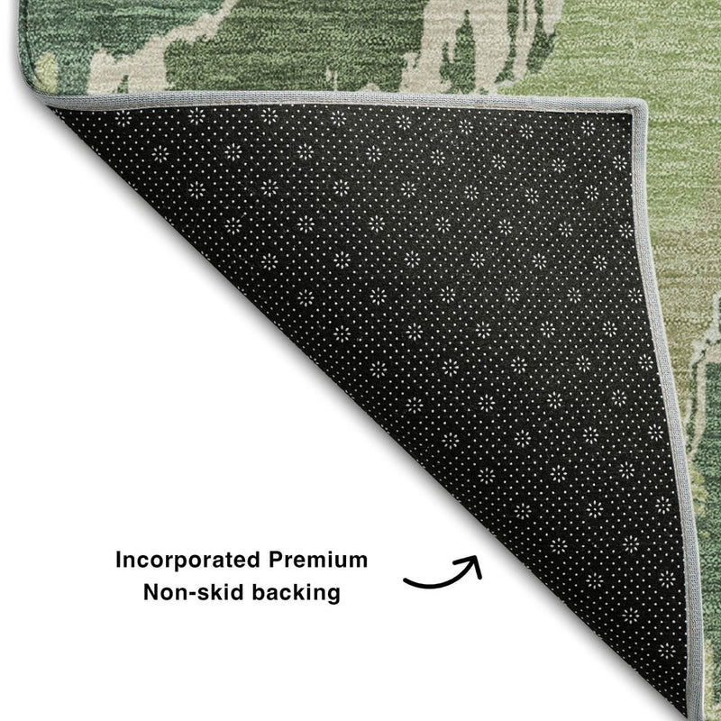3' X 5' Green Ivory And Beige Abstract Washable Area Rug With UV Protection