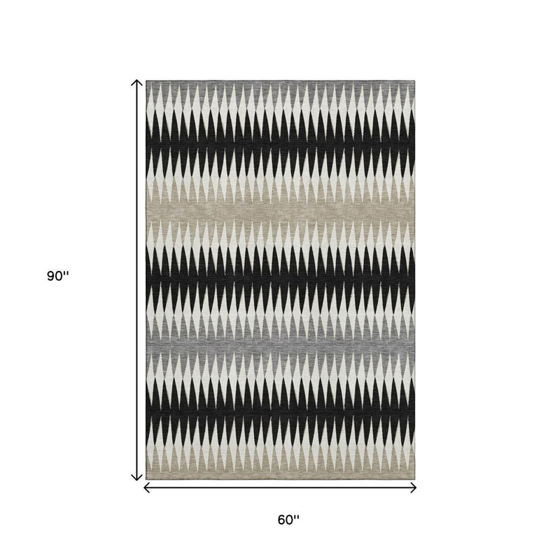 5' X 8' Black Gray And Ivory Striped Washable Area Rug With UV Protection