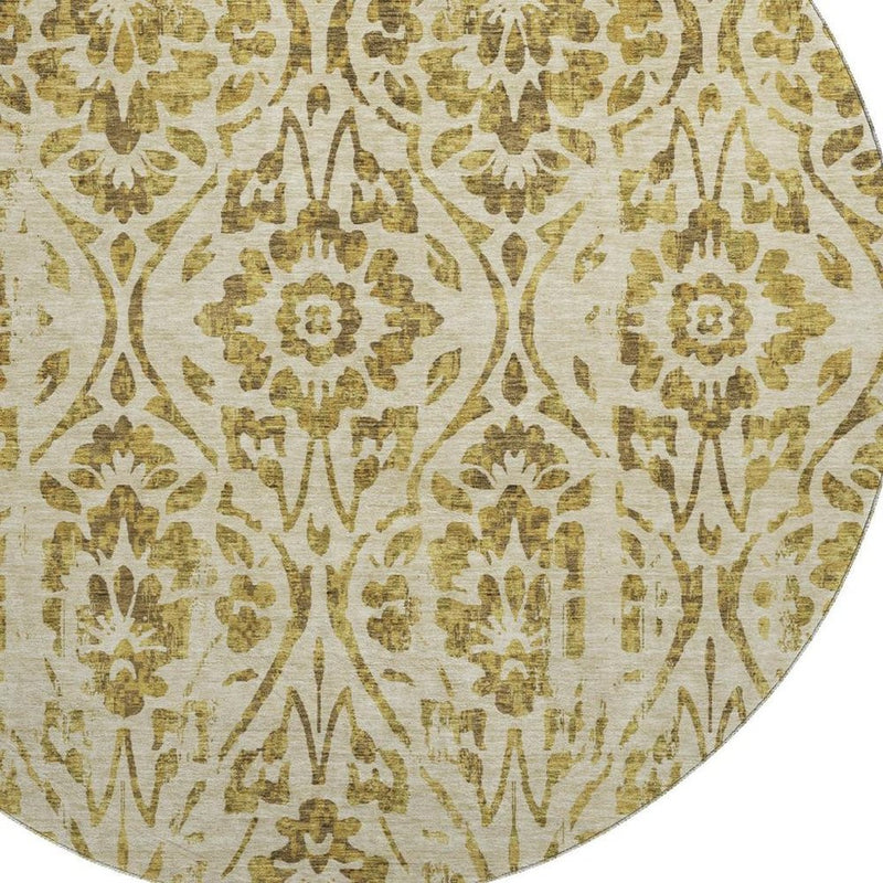 8' Gold And Beige Floral Washable Round Rug With UV Protection