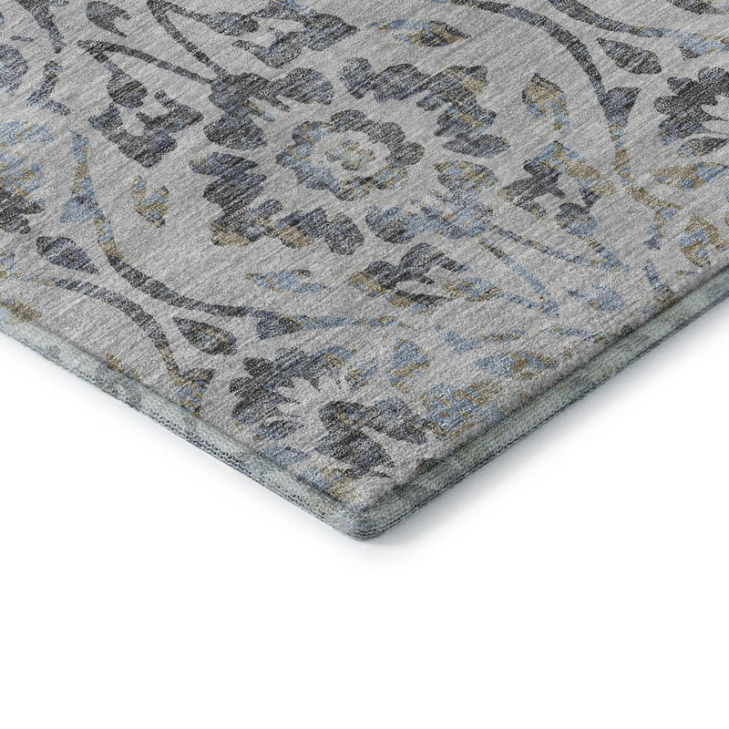 8' X 10' Gray And Blue Floral Washable Area Rug With UV Protection