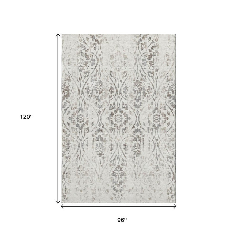 8' X 10' Ivory And Beige Floral Washable Area Rug With UV Protection