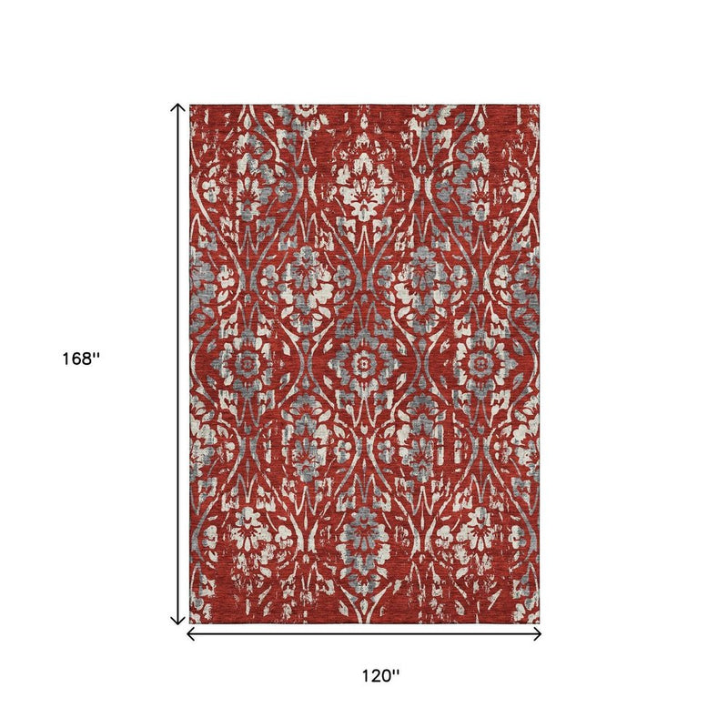 10' X 14' Red And Gray Floral Washable Area Rug With UV Protection