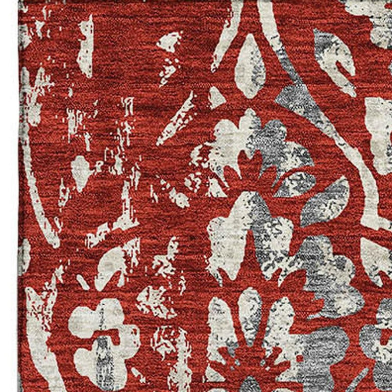 10' X 14' Red And Gray Floral Washable Area Rug With UV Protection