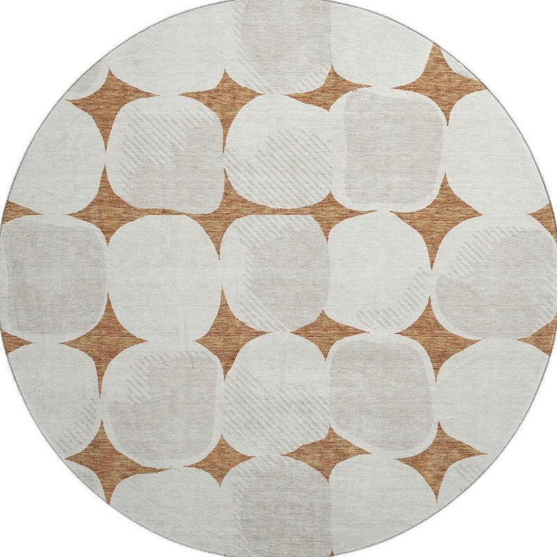 8' Rust And Ivory Abstract Geometric Washable Round Rug With UV Protection