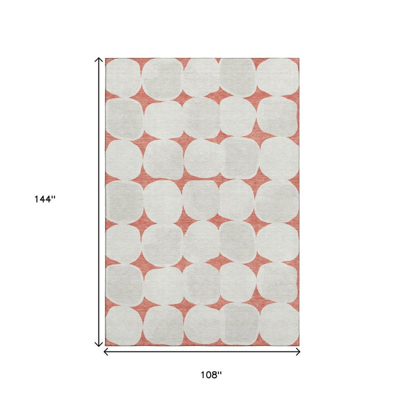 9' X 12' Salmon And Ivory Abstract Geometric Washable Area Rug With UV Protection
