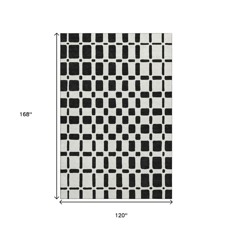 10' X 14' Black And Ivory Geometric Washable Area Rug With UV Protection