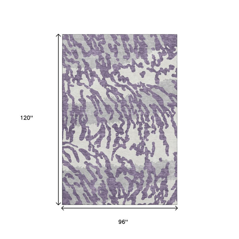 8' X 10' Purple And Ivory Animal Print Washable Area Rug With UV Protection