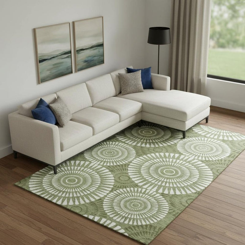 8' X 10' Green And Ivory Geometric Washable Area Rug With UV Protection