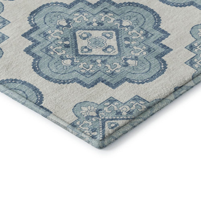 5' X 8' Teal And Ivory Medallion Washable Area Rug With UV Protection