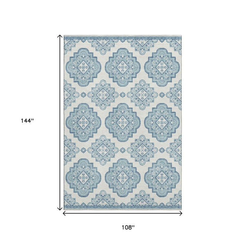 9' X 12' Teal And Ivory Medallion Washable Area Rug With UV Protection