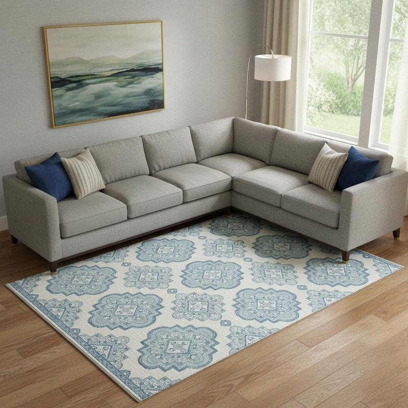 9' X 12' Teal And Ivory Medallion Washable Area Rug With UV Protection