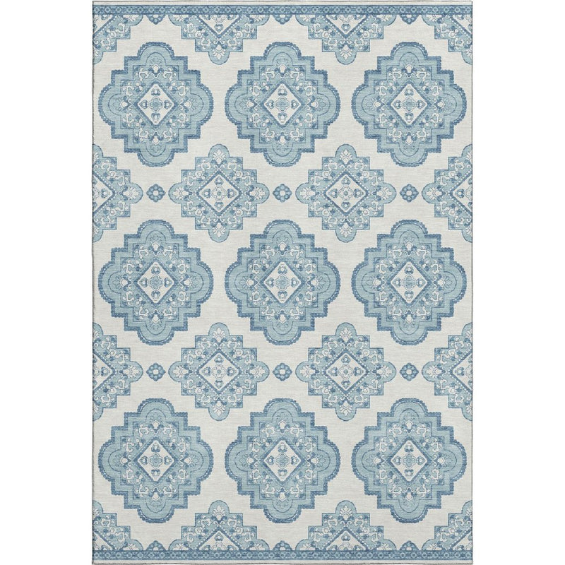 9' X 12' Teal And Ivory Medallion Washable Area Rug With UV Protection