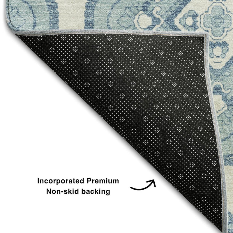 9' X 12' Teal And Ivory Medallion Washable Area Rug With UV Protection