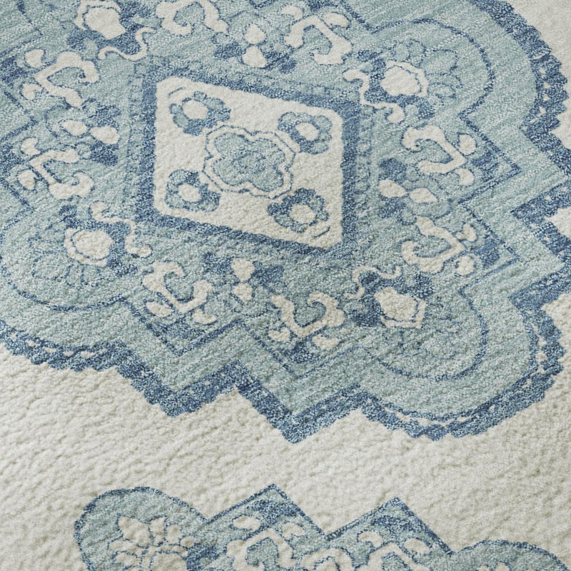 9' X 12' Teal And Ivory Medallion Washable Area Rug With UV Protection