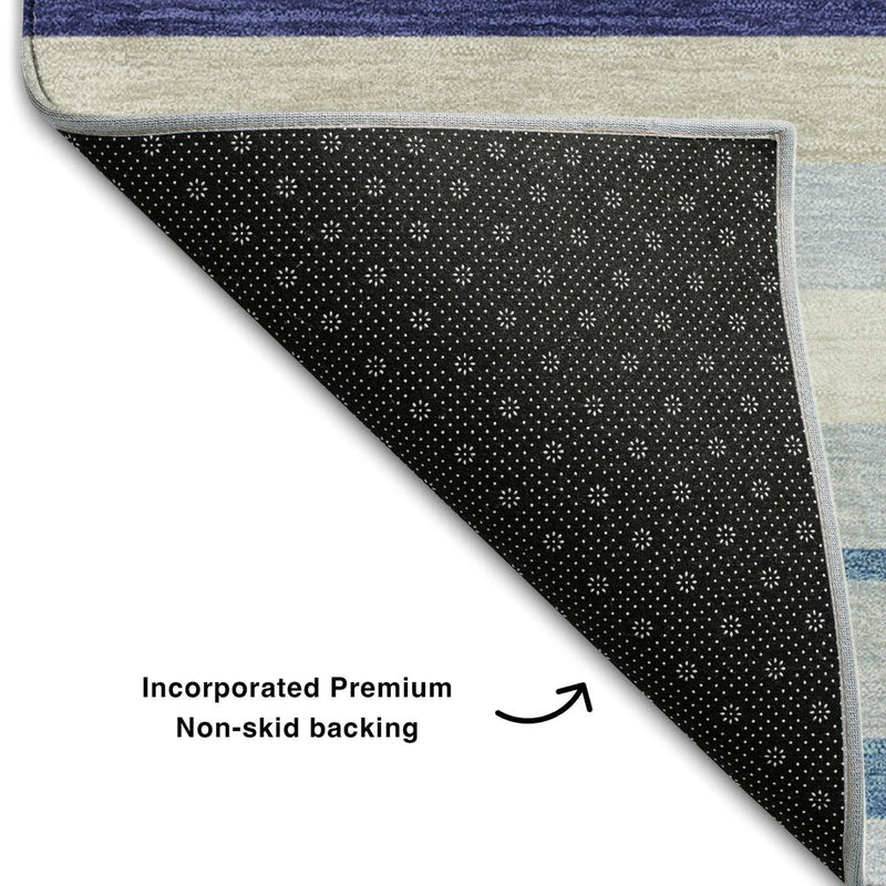 8' X 10' Blue Ivory And Beige Striped Washable Area Rug With UV Protection