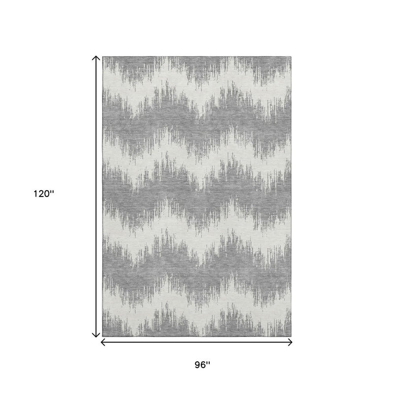 8' X 10' Gray And Ivory Chevron Washable Area Rug With UV Protection
