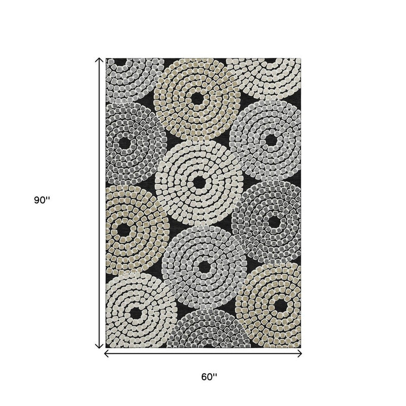 5' X 8' Black Beige And Ivory Geometric Washable Area Rug With UV Protection