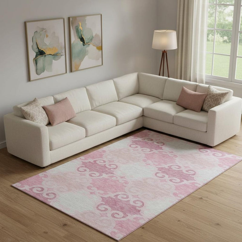 9' X 12' Pink Gray And Silver Trellis Washable Area Rug With UV Protection