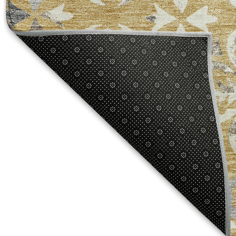 5' X 8' Gold And Gray Floral Washable Area Rug With UV Protection