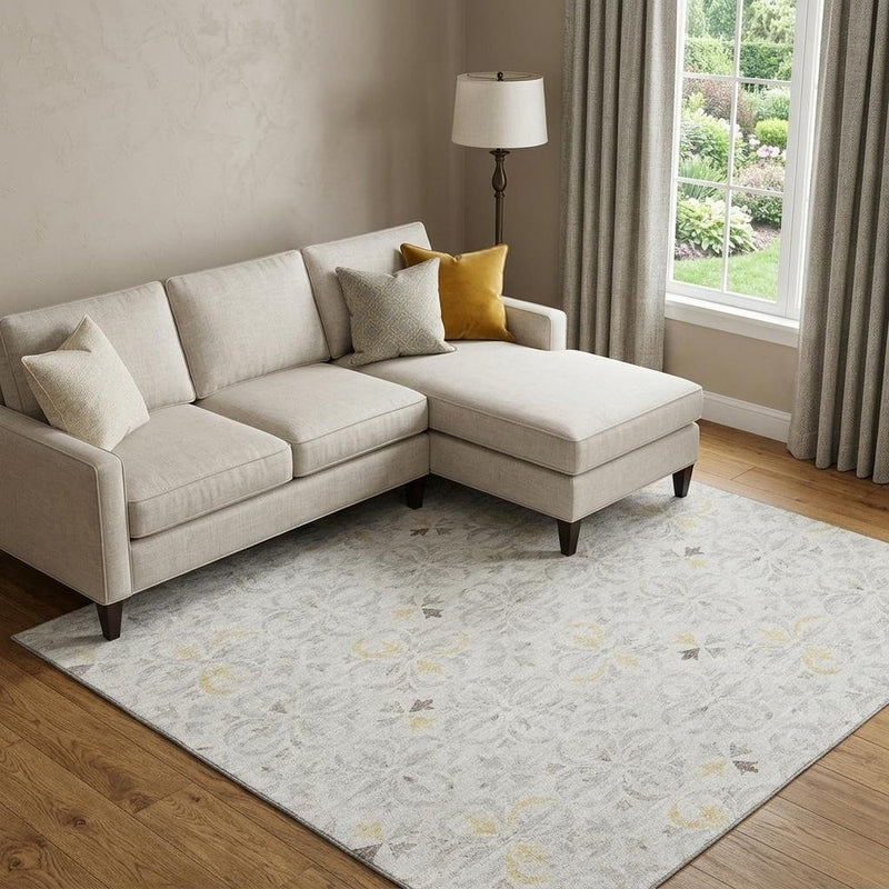 10' X 14' Ivory And Beige Floral Washable Area Rug With UV Protection