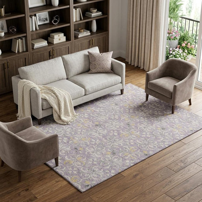 10' X 14' Lavender And Ivory Floral Washable Area Rug With UV Protection