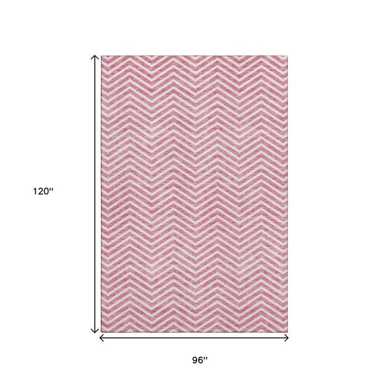 8' X 10' Pink And Ivory Chevron Washable Area Rug With UV Protection